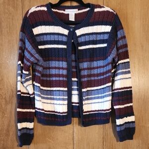 Dressbarn Women's Striped Cardigan in Blue, White, and Burgundy